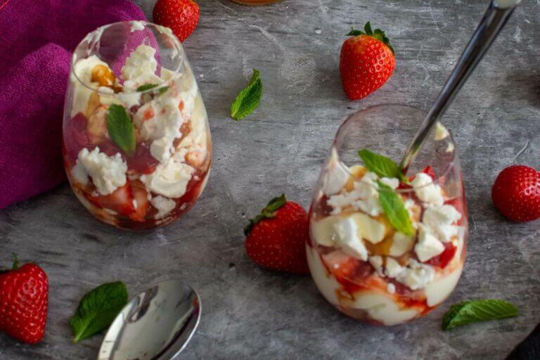 A close up of two glasses of Eton Mess.