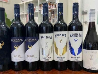 Bottles of wine don display in our Penola Cellardoor