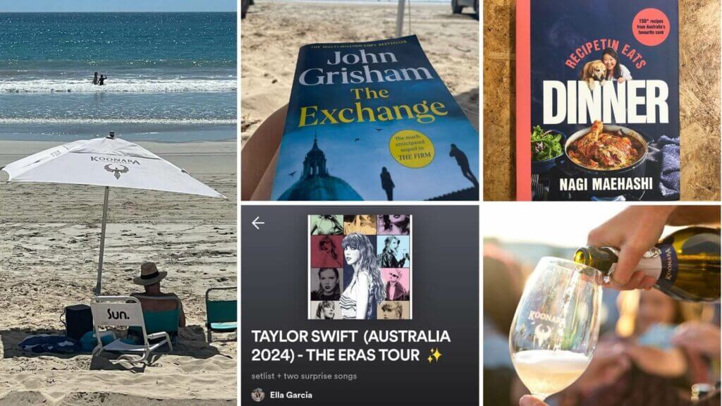 A collage of Nicole's favorite books, food and places