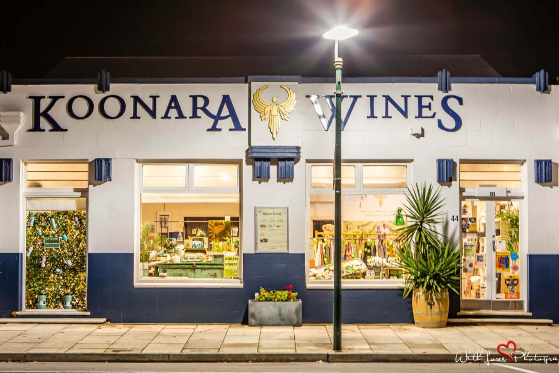 Koonara Wines Cellar Door shop front at night
